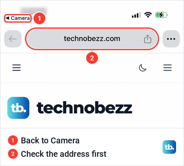 Chrome on iPhone showing technobezz.com in the address bar, with a Camera back link at the top left.