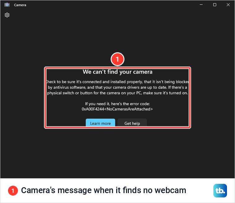 The Windows Camera app showing the message We can't find your camera with error code 0xA00F4244.