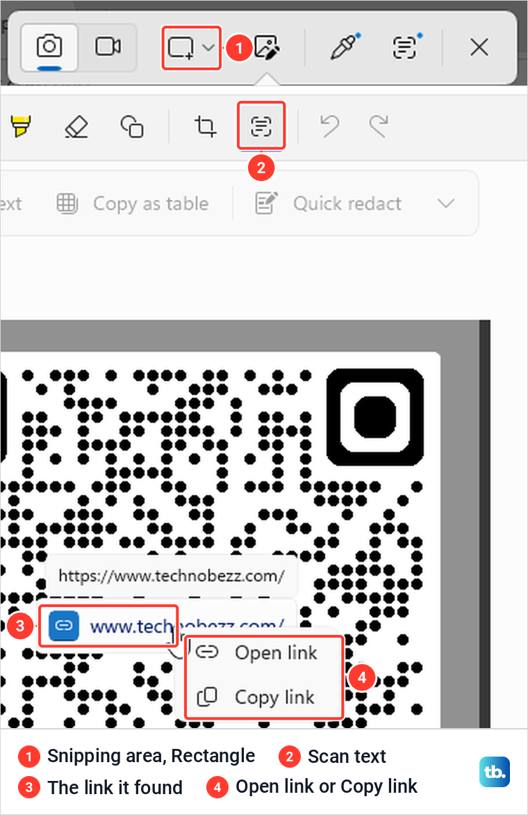 The Windows 11 capture bar with Snipping area marked, above Snipping Tool after Scan text with a technobezz.com link button and its Open link and Copy link menu.