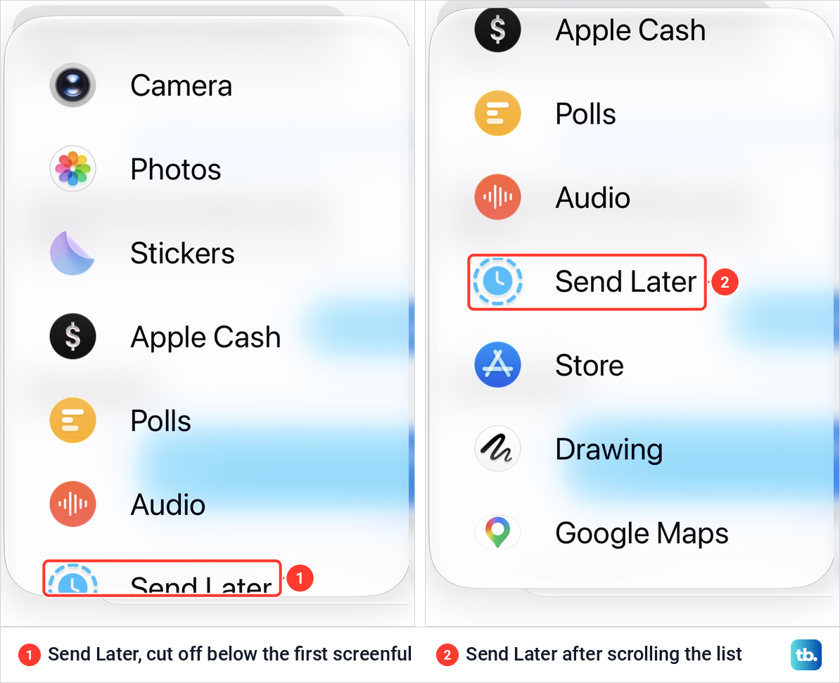 The Messages plus menu before and after scrolling, with Send Later cut off at the bottom and then shown in full.