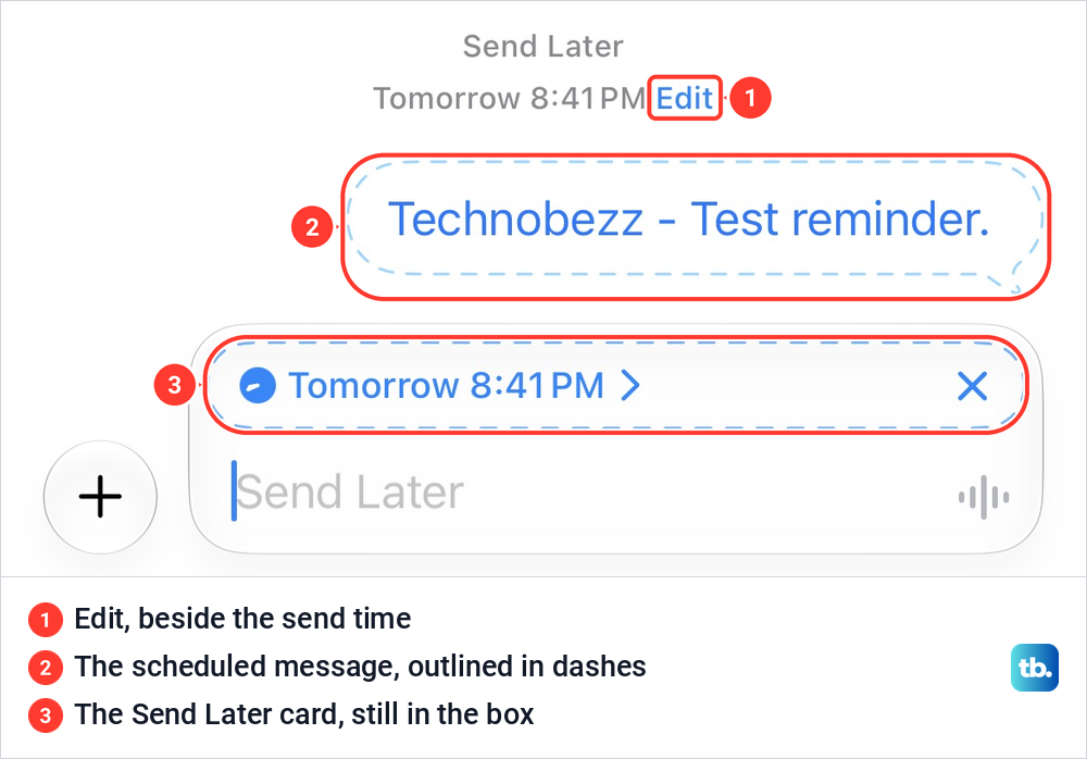 A scheduled message in a dashed outline under Send Later and the send time, with the time card still in the box.