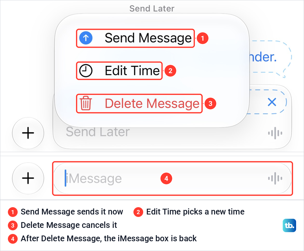 The Edit menu of a scheduled message with Send Message, Edit Time and Delete Message, and the chat afterwards.
