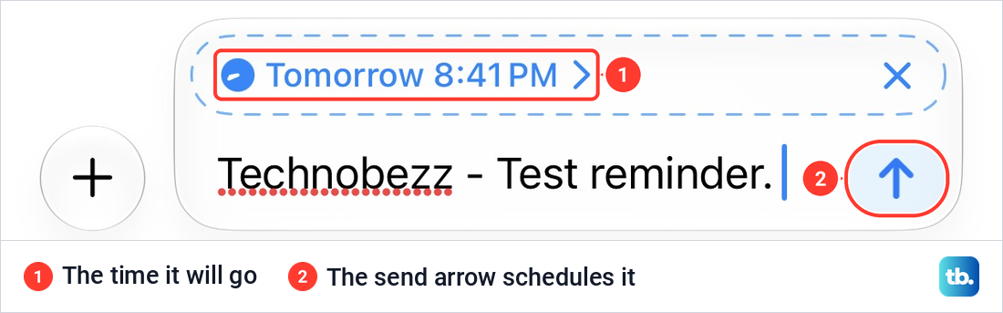 A test message typed under the Send Later card with the blue send arrow ready to schedule it.