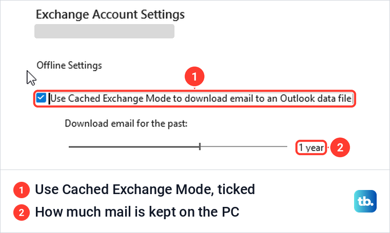 Exchange Account Settings in classic Outlook with Use Cached Exchange Mode ticked under Offline Settings.