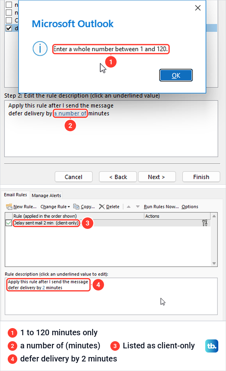 The classic Outlook Rules Wizard refusing 200 minutes above the Rules and Alerts list showing a client-only rule.