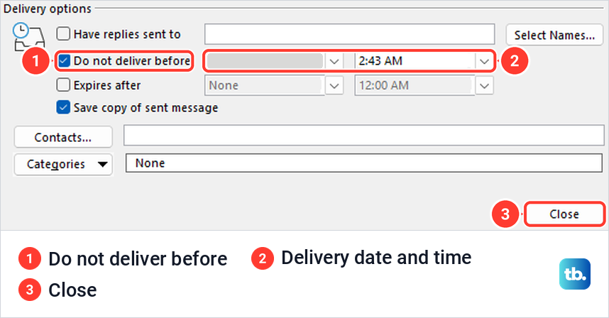 Delivery options in the classic Outlook Properties dialog with Do not deliver before ticked and a time set.