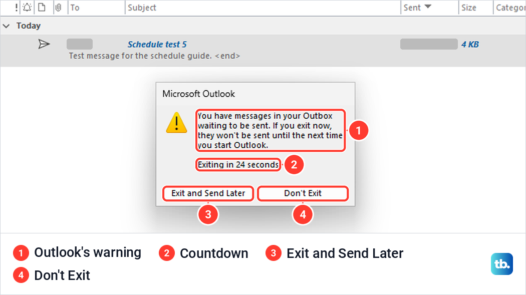 Classic Outlook warning that messages in the Outbox will not be sent if you exit now.