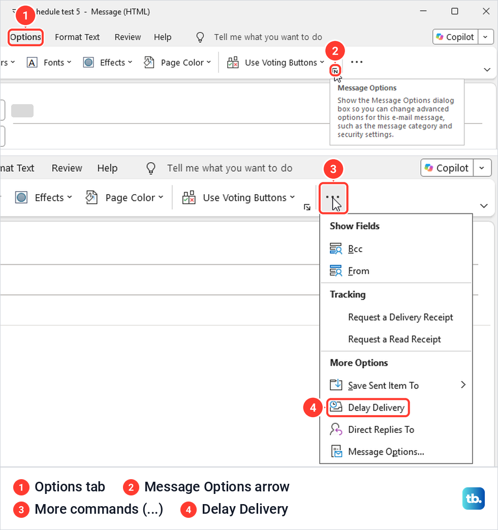 A classic Outlook message window showing the Message Options arrow tooltip above the More commands menu with Delay Delivery.