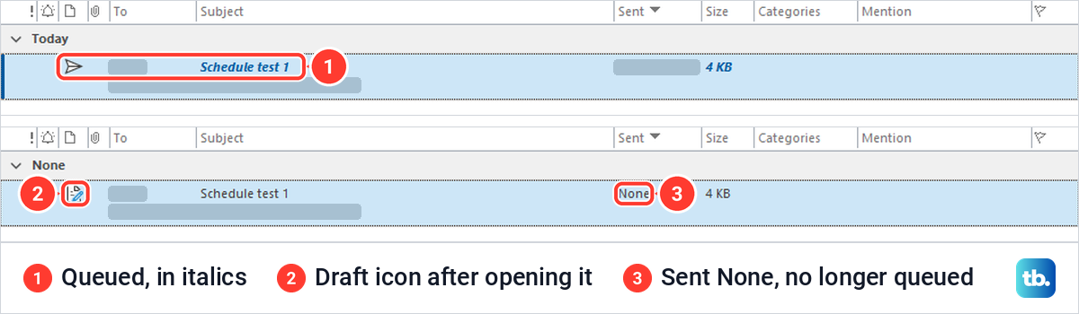 The same classic Outlook Outbox message shown queued in italics and again after it was opened and closed.