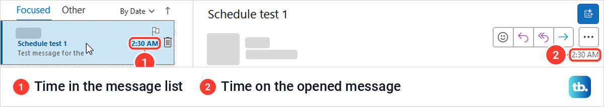 A scheduled email received in classic Outlook showing the same time in the list and the message.