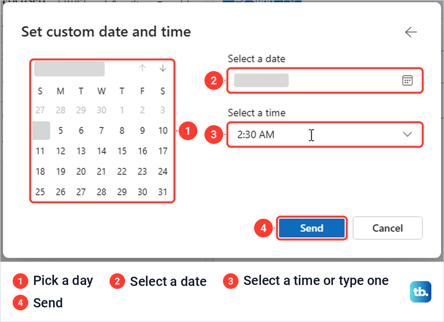 The Set custom date and time dialog in Outlook on the web with a calendar, date box and time box.