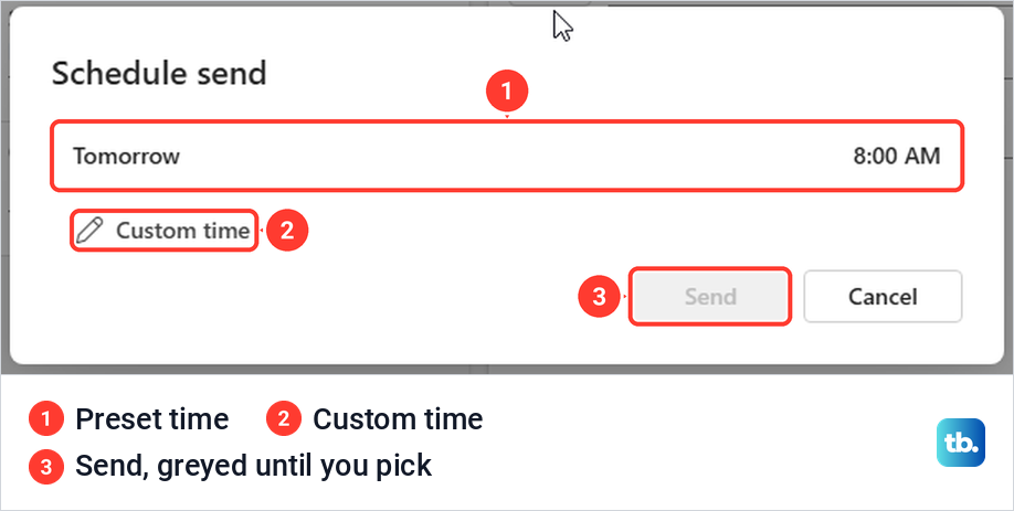 The Outlook on the web Schedule send dialog with a Tomorrow 8:00 AM preset and Custom time.