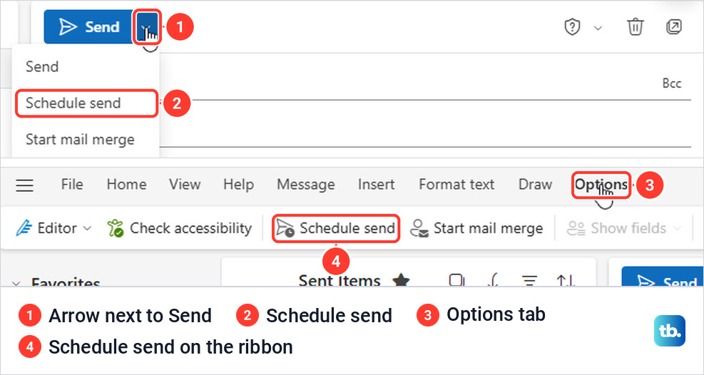 Outlook on the web with the Send arrow menu open above the Options tab and its Schedule send button.