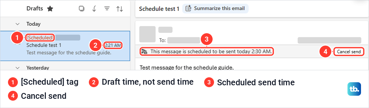 A scheduled email in the Outlook on the web Drafts folder with its Cancel send bar.
