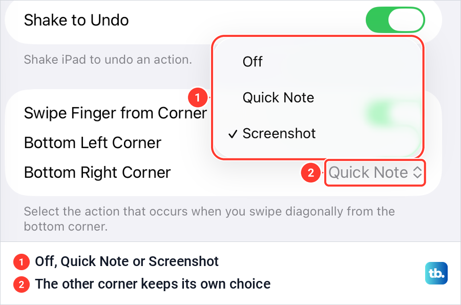 The corner action menu on iPad offering Off, Quick Note and Screenshot.