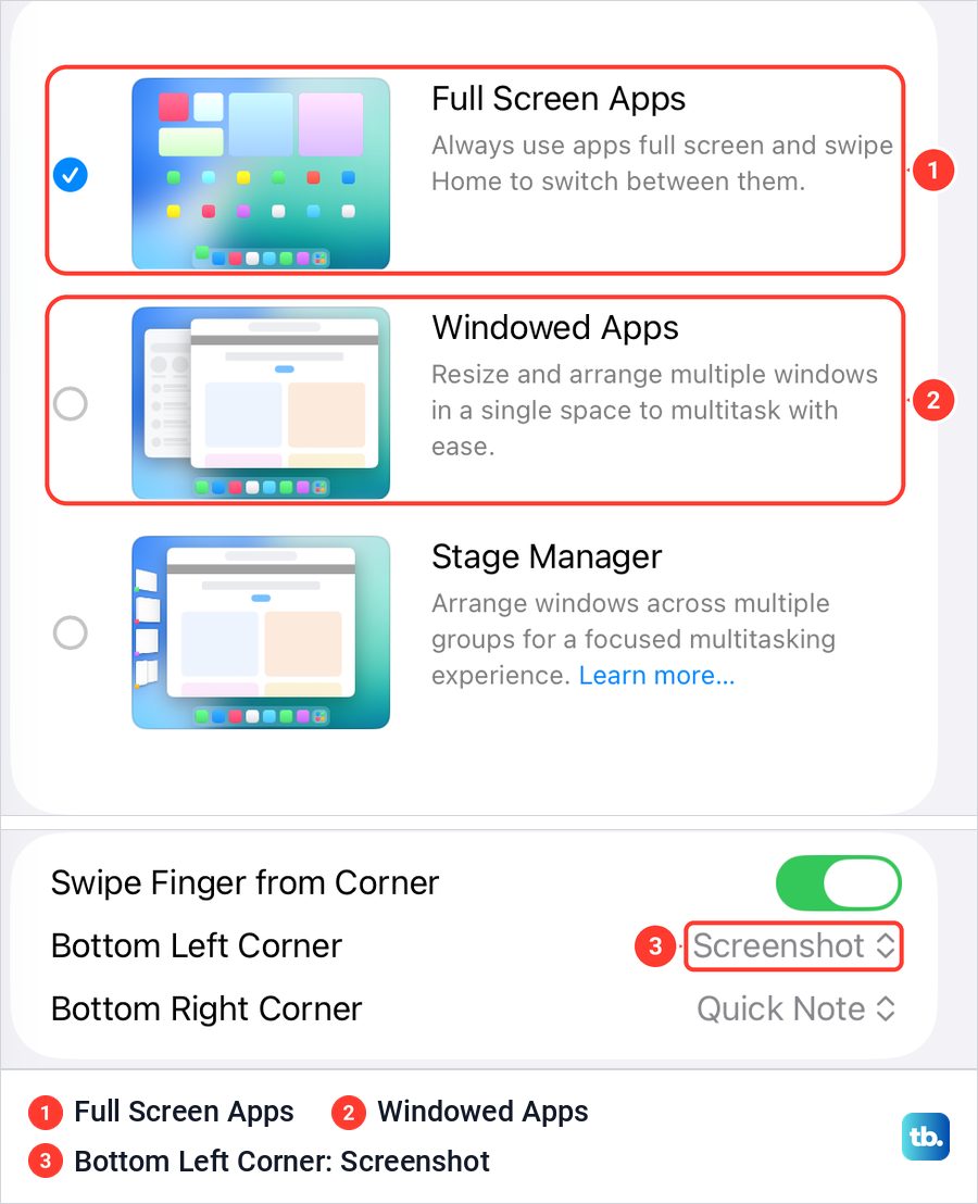 iPad multitasking choices with Full Screen Apps selected and the corner setting still set to Screenshot.
