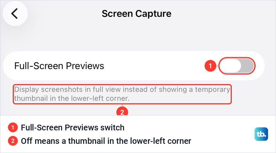 iPad Screen Capture settings with the Full-Screen Previews switch and its description.