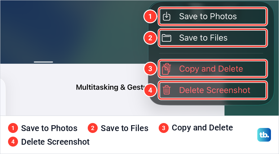 The menu behind the Done button with Save to Photos, Save to Files and two delete options.