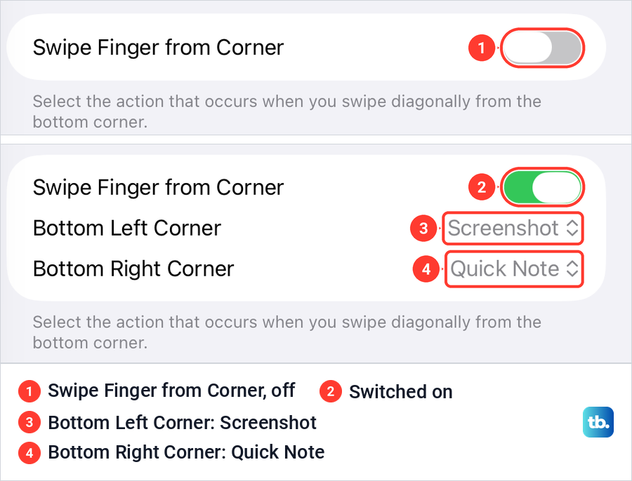 iPad Multitasking and Gestures settings with Swipe Finger from Corner off, then on with both corner choices.