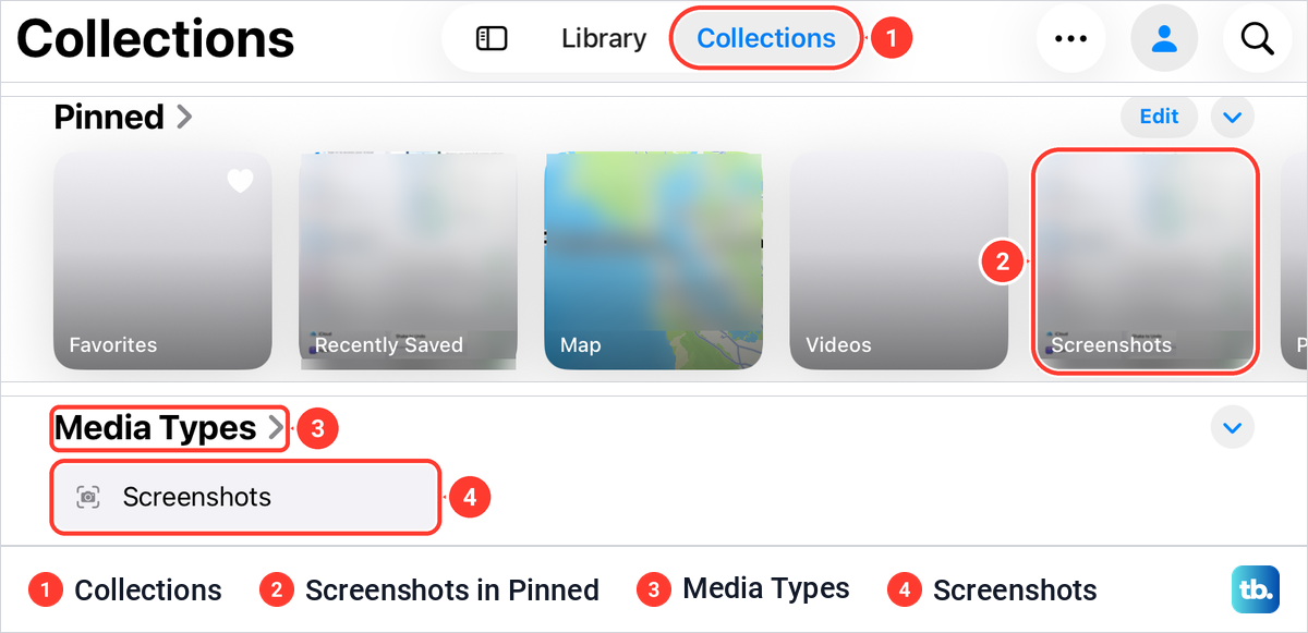 The iPad Photos app Collections view with the Screenshots tile and Media Types highlighted.