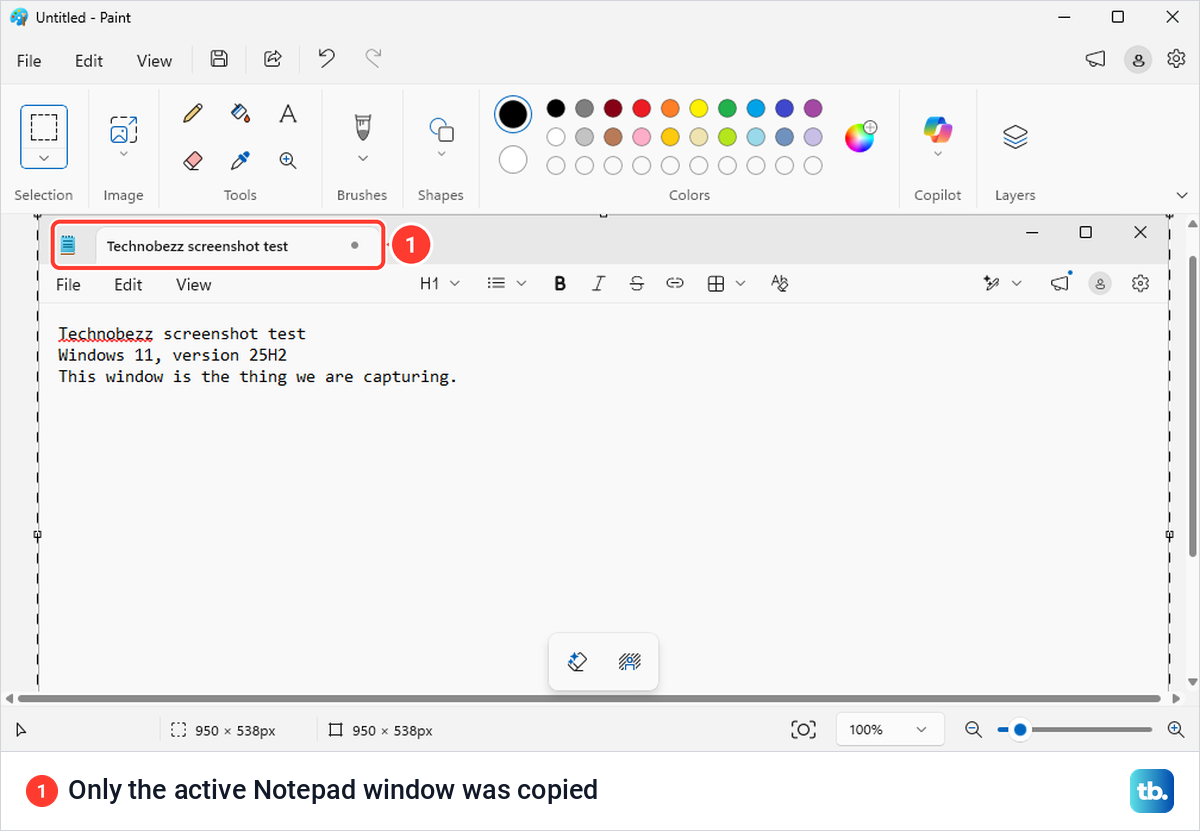 Paint showing the Notepad window copied with Alt + Print Screen