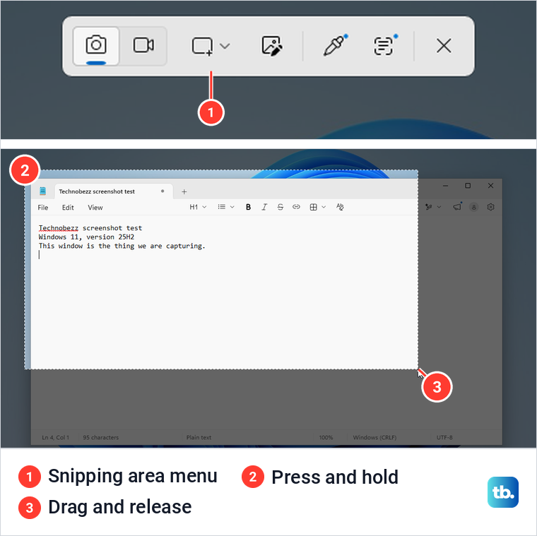 Windows capture bar above a rectangle being dragged around Notepad