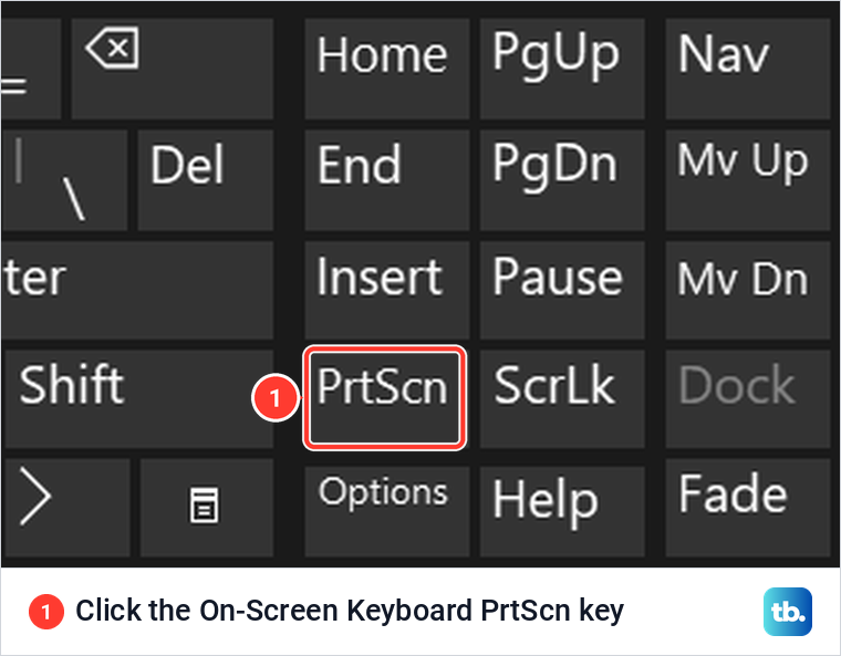 Right side of the Windows On-Screen Keyboard with the PrtScn key outlined in red