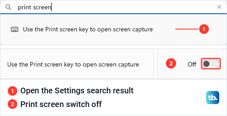 Settings search result and the Print screen switch turned off