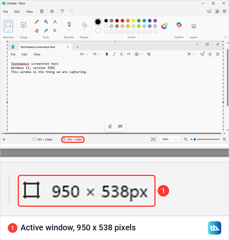Paint showing a pasted Notepad window, with the status bar reading 950 x 538 pixels.