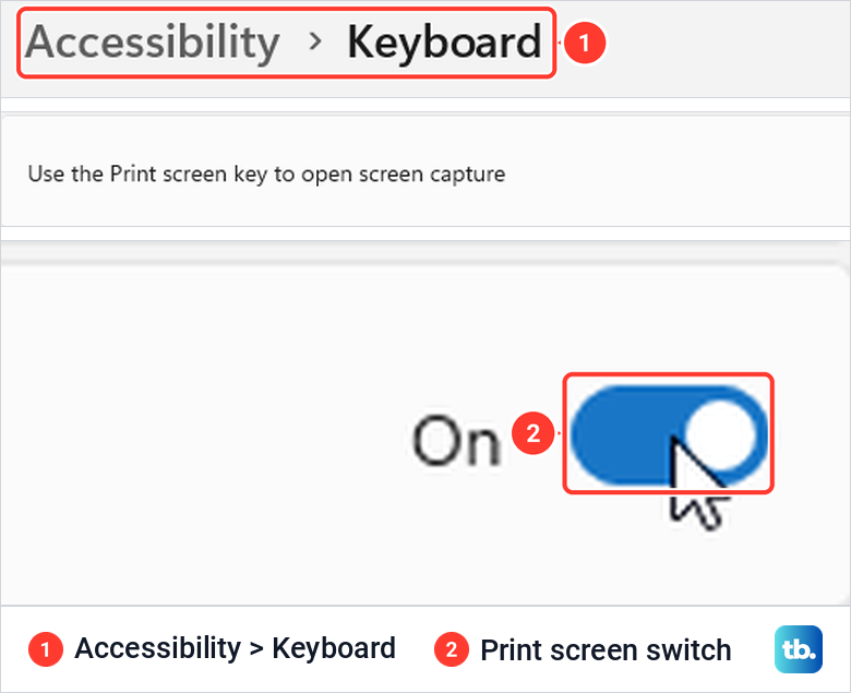 Windows 11 Settings on the Accessibility, Keyboard page with the switch Use the Print screen key to open screen capture turned on.