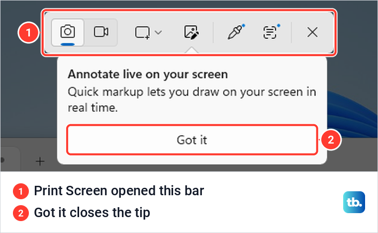 The Windows 11 capture bar opened by the Print Screen key, with a first-use tip about Quick markup below it.