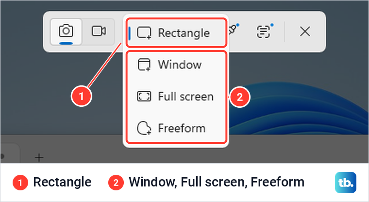 The Windows 11 capture bar with its Snipping area menu open, listing Rectangle, Window, Full screen and Freeform.