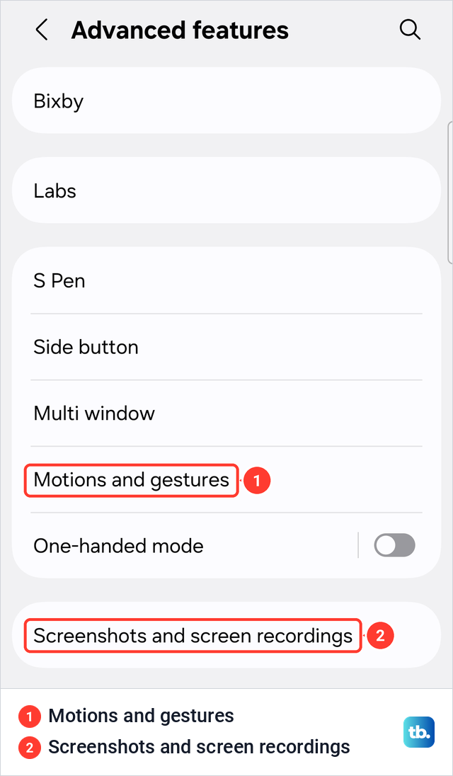 Top of the Samsung Advanced features settings page listing Motions and gestures and Screenshots and screen recordings.