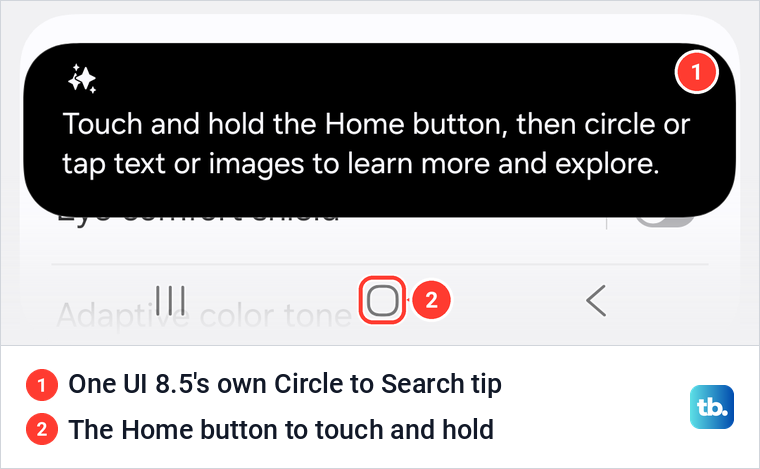 One UI 8.5 tip telling you to touch and hold the Home button to circle or tap text or images.