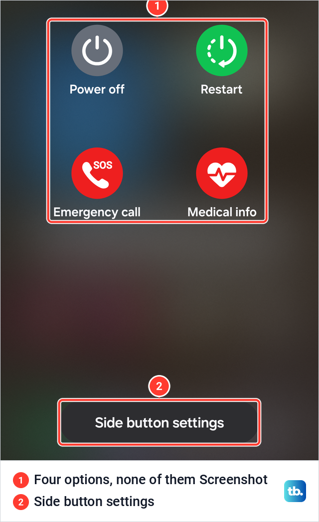 Samsung Galaxy power menu showing Power off, Restart, Emergency call, Medical info and Side button settings.