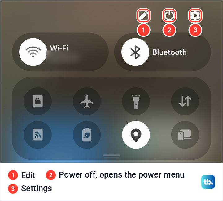 Top of Samsung quick settings with the Edit pencil, Power off and Settings icons above the Wi-Fi and Bluetooth tiles.