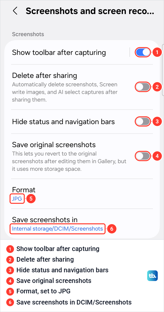 Samsung Screenshots and screen recordings settings with the toolbar switch on, format JPG and the DCIM Screenshots folder.