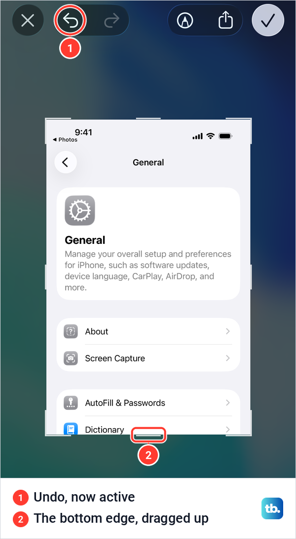 An iPhone screenshot cropped by dragging its bottom edge up, with Undo active.