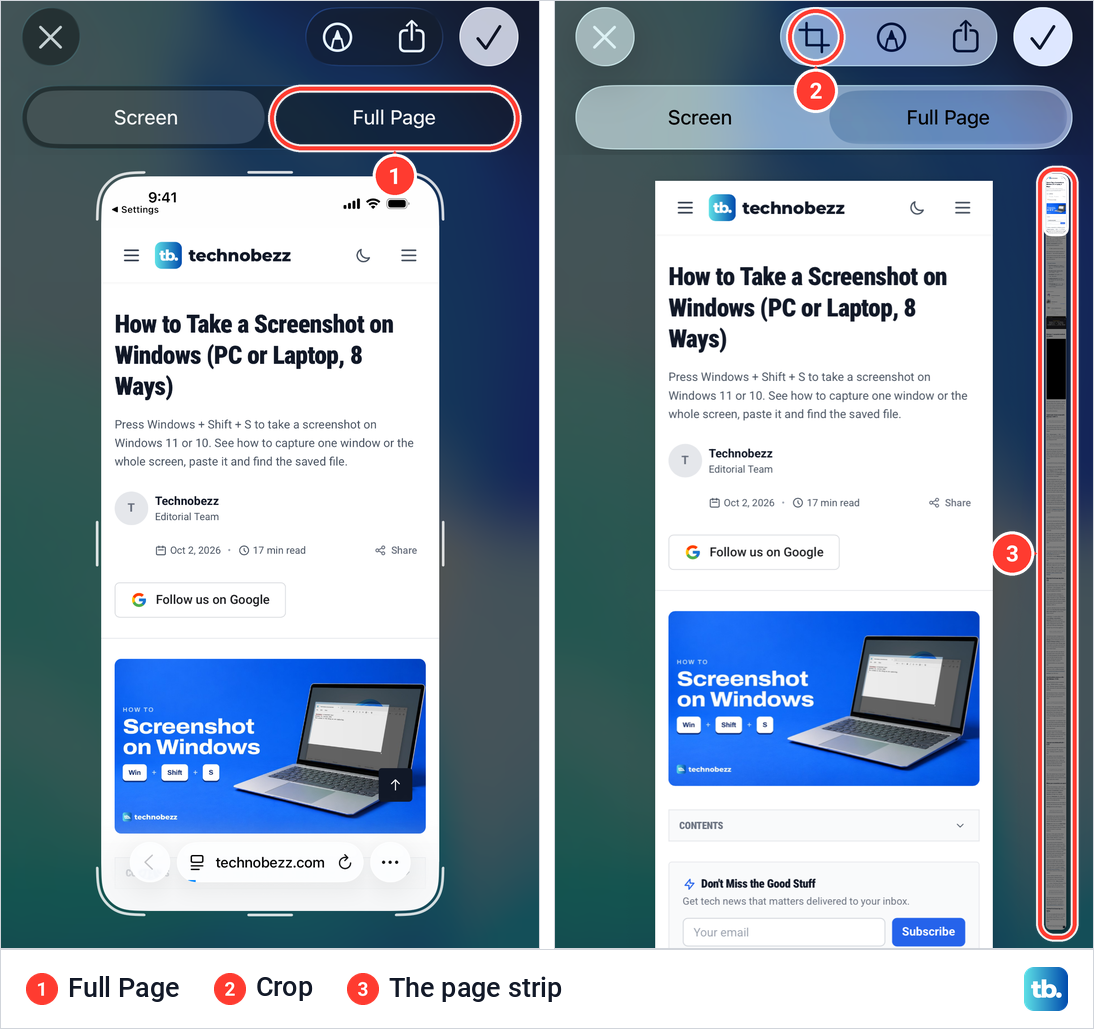 Two views of a Safari screenshot in the iPhone editor, before and after tapping Full Page.