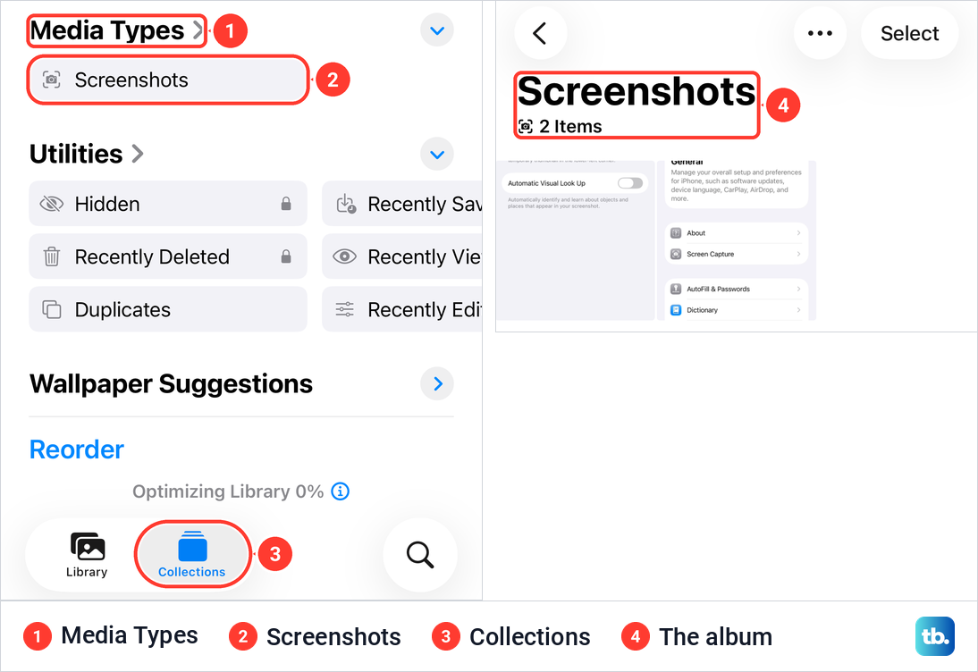 Photos Collections with the Media Types section and the Screenshots album showing two items.