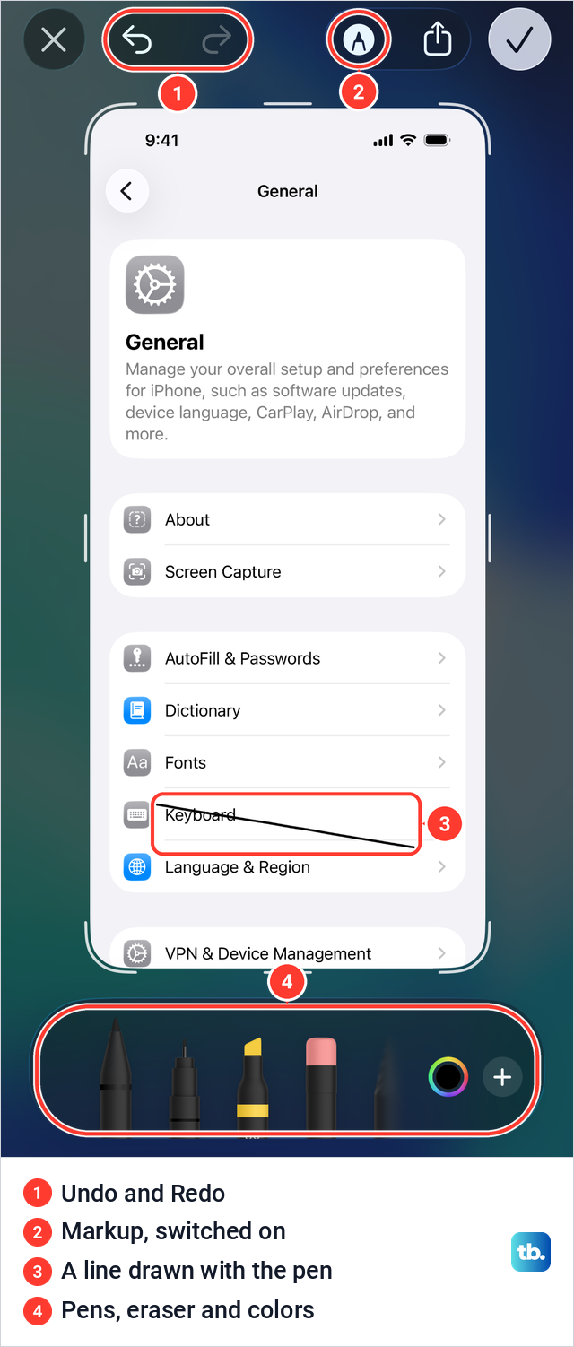 Markup tools open on an iPhone screenshot with a line drawn across it.
