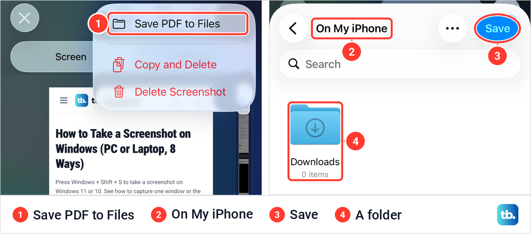 The Save PDF to Files choice for a full page iPhone screenshot and the Files picker that follows.