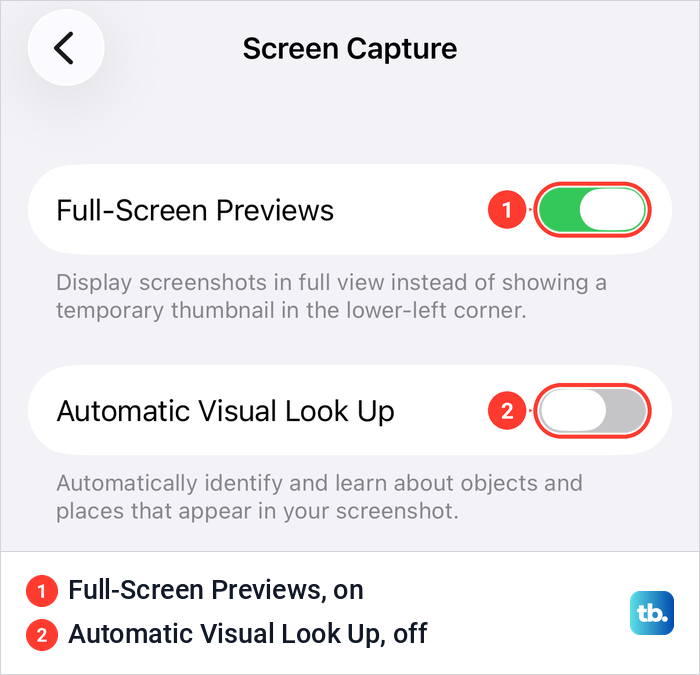 iPhone Screen Capture settings with Full-Screen Previews on and Automatic Visual Look Up off.