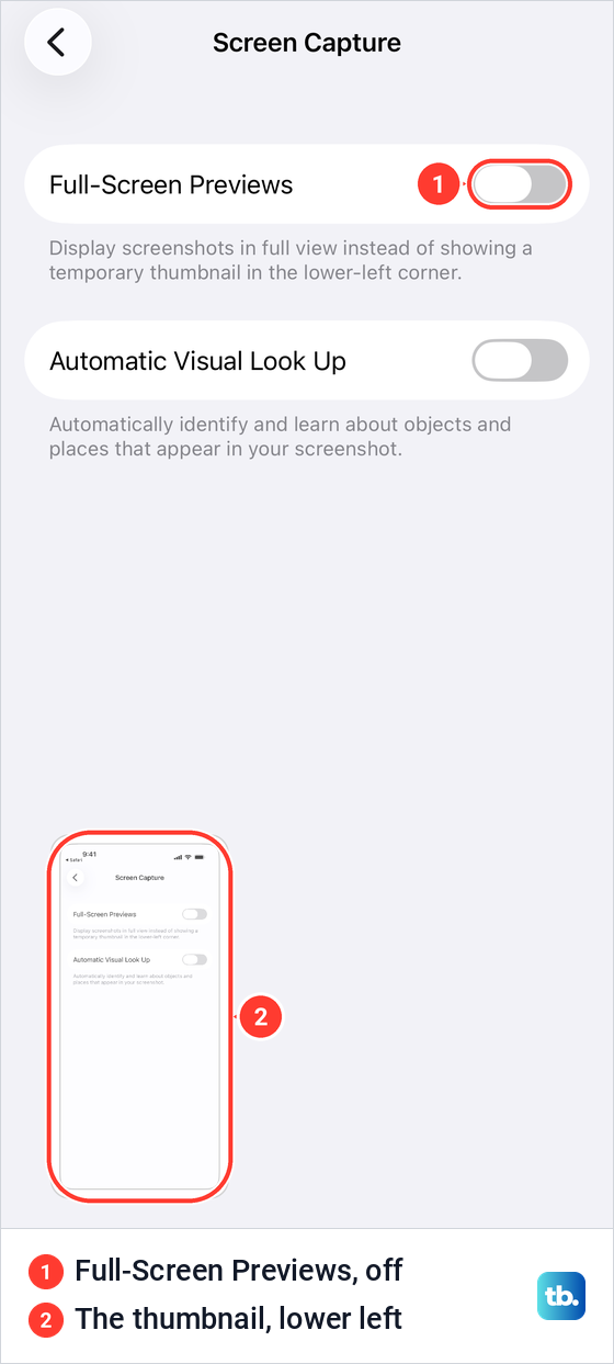 A screenshot thumbnail in the lower-left corner of the iPhone screen after Full-Screen Previews was turned off.
