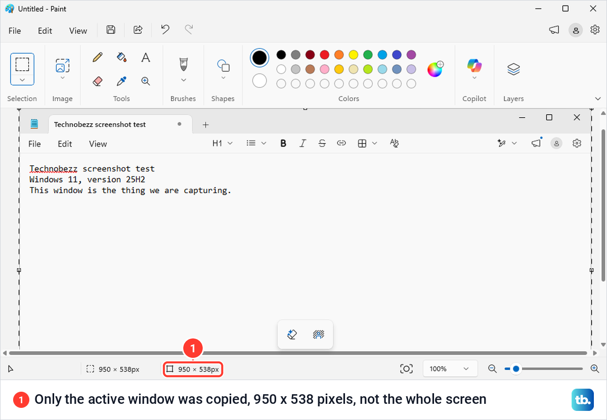 Paint showing a pasted Notepad window, with the status bar reading 950 x 538 pixels.