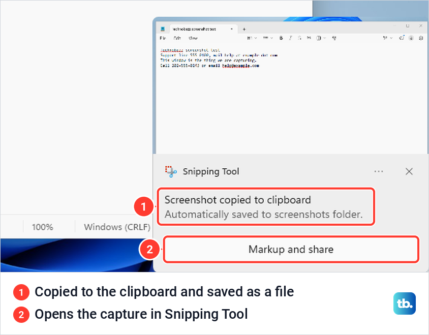 Snipping Tool notification that reads Screenshot copied to clipboard, Automatically saved to screenshots folder, above a Markup and share button.