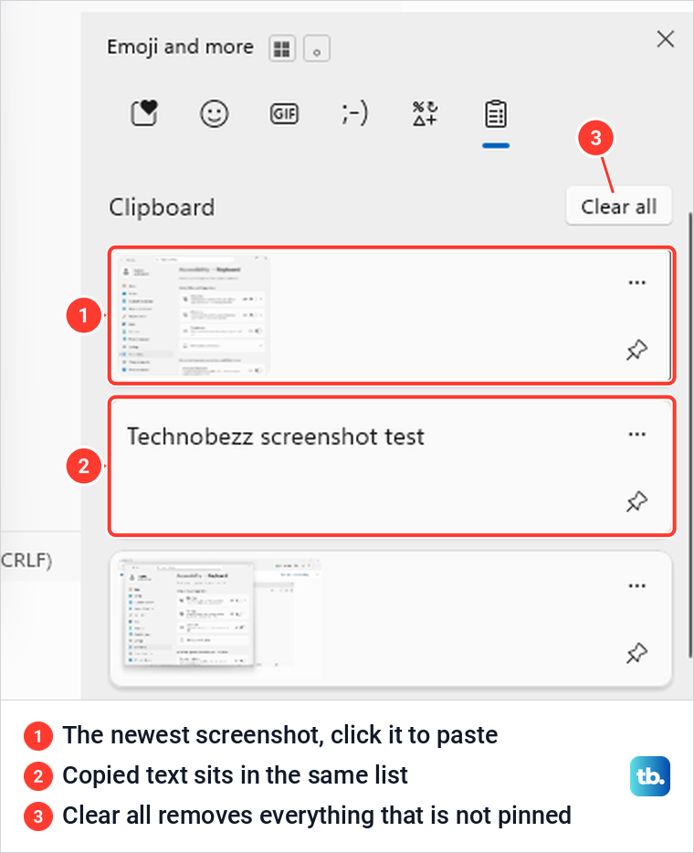 Windows clipboard history panel listing two screenshots and a line of copied text.