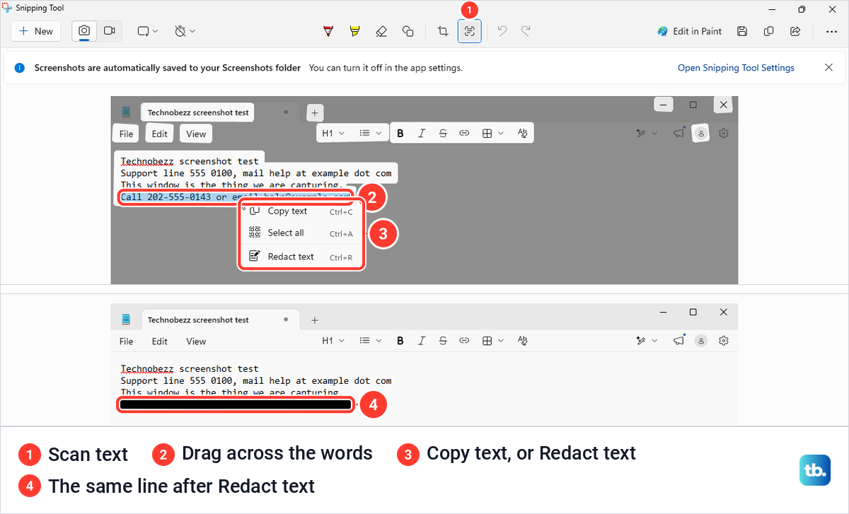 Snipping Tool with Scan text on, one line selected and a menu offering Copy text, Select all and Redact text, with the same line blacked out below.