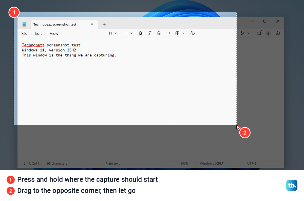 A dimmed Windows 11 desktop with a selection rectangle being dragged across a Notepad window.