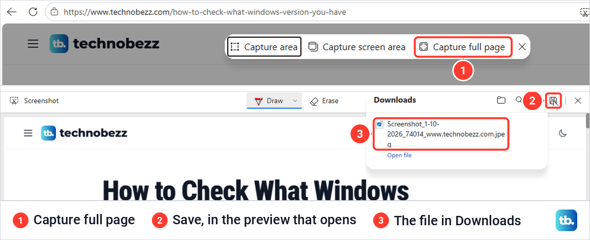 Microsoft Edge screenshot bar with Capture full page marked, and the preview with its Save button and the saved file listed in Downloads.